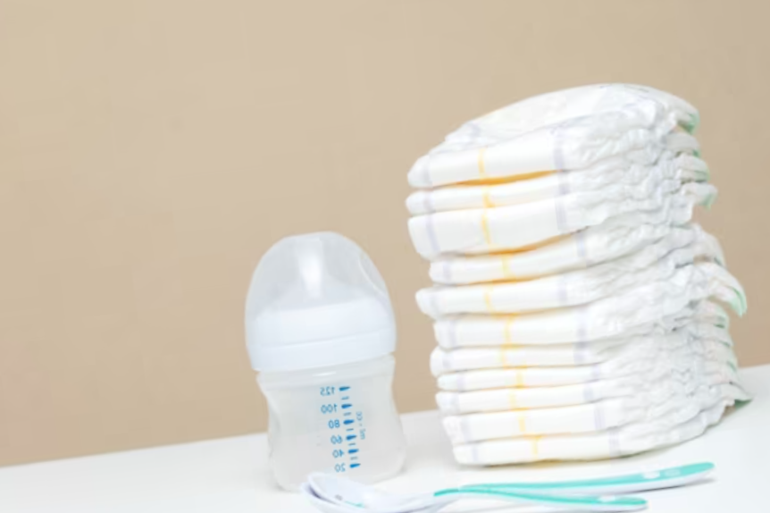 Stack of diapers with bottle of milk and spoons, baby's stuff for boy girl with copy space.