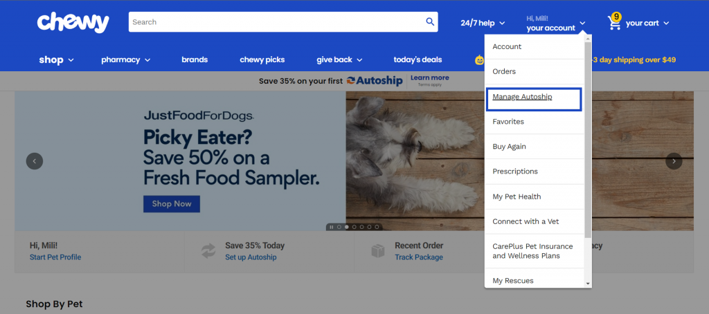 chewy page screenshot with Manage Autoship button marked