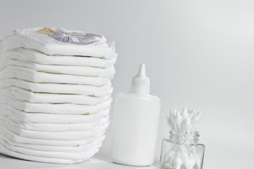 Hygiene and body care products for the baby. diapers and panties, cream, pacifier and talcum powder.